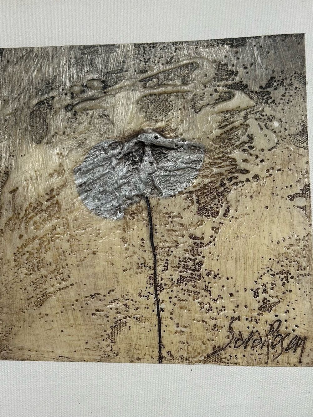 Abstract Metallic Poppy Wall Art - Silver and Beige 8x8